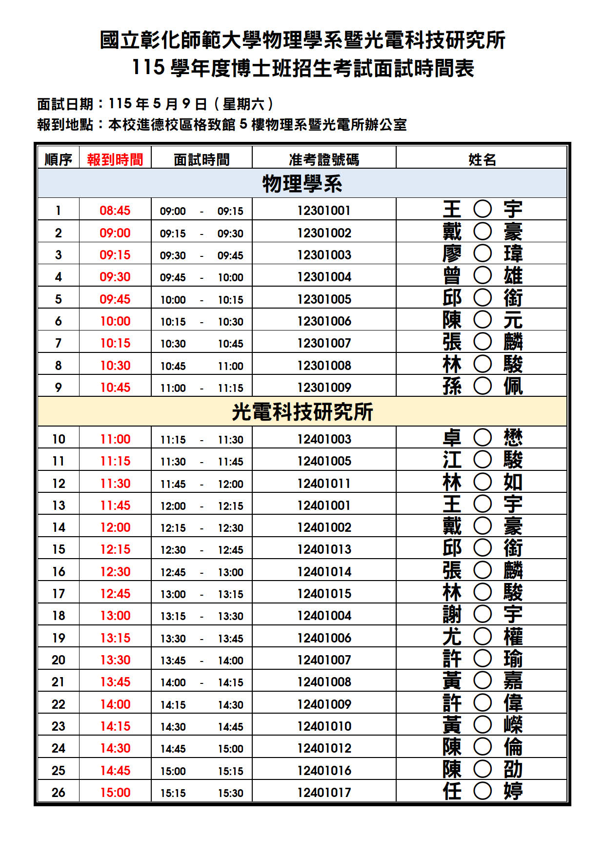 附件一、115 學年度博士班招生考試 - 面試時間表